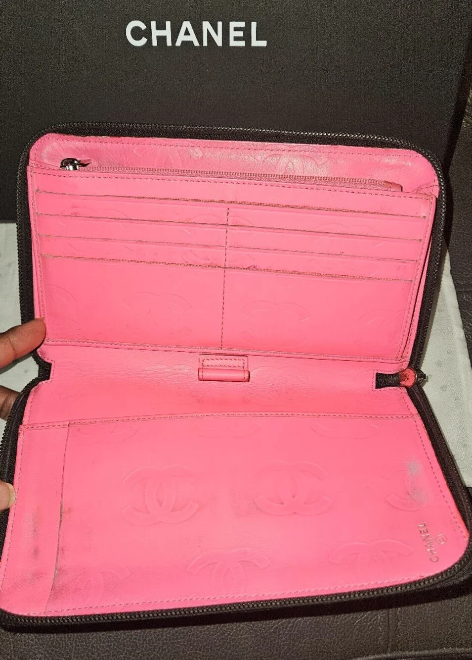 CHANEL Cambon Long Wallet Calfskin Zip Around Black x Black Pink Silver Hardware